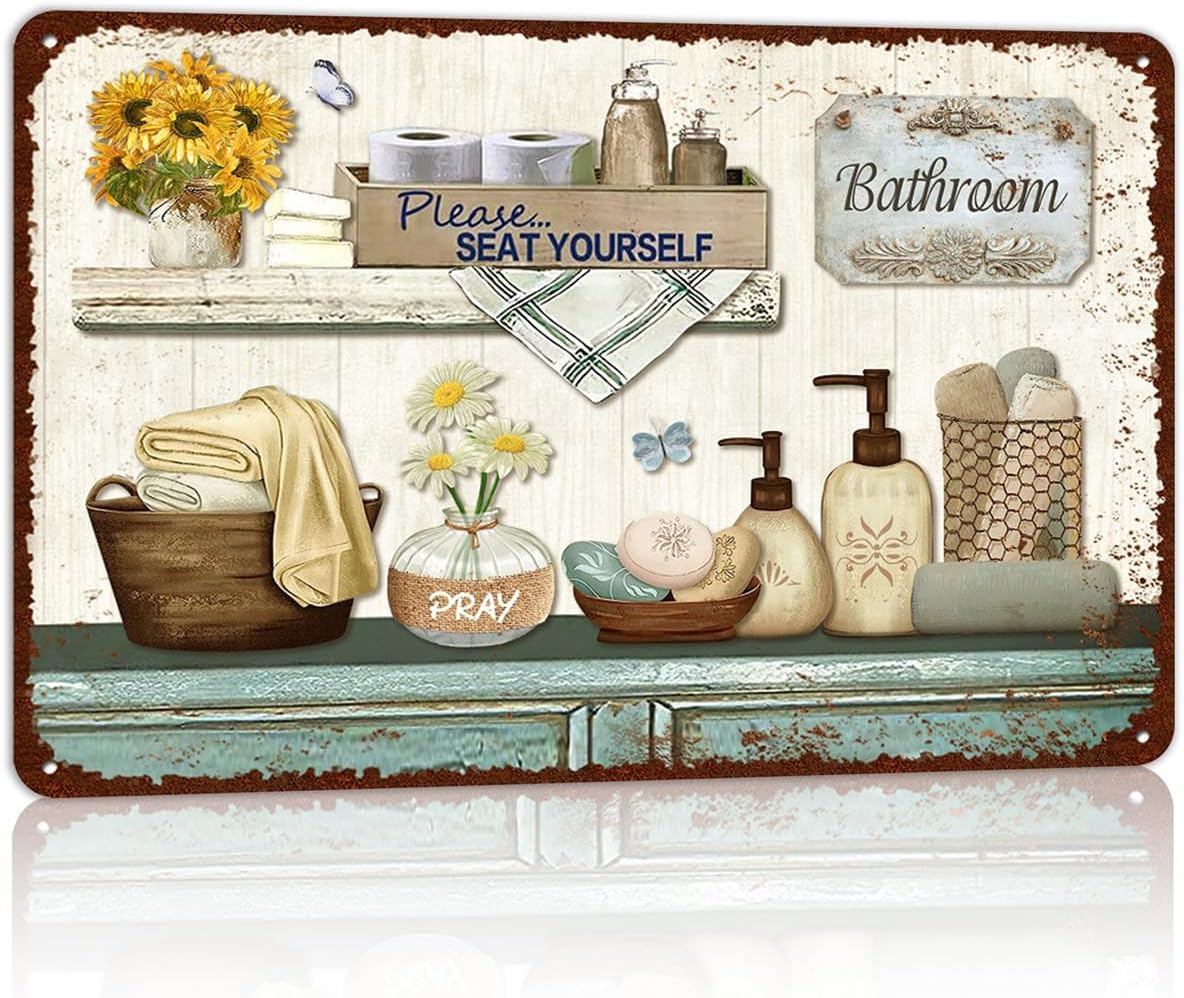 Vintage Farmhouse Bathroom Metal Tin Signs Rustic Flower Country Wall Art Decor 8X12 Inches