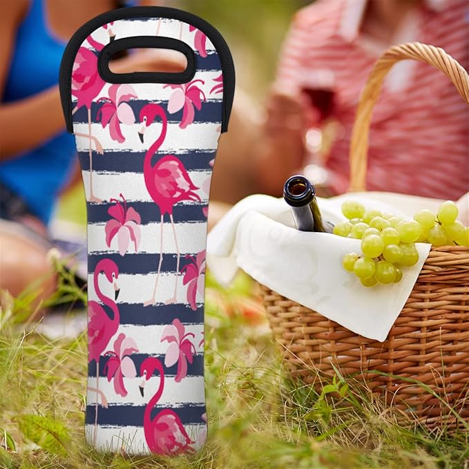 Flamingo Stripe Single Bottle Wine Gift Tote Carrier Neoprene Wine Tote Bags Holder Cooler Wine Lover Gift
