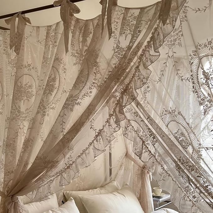 Elegant Lace Princess 4 Corner Post Mosquito Net Romantic for Girls Women Bed Curtain Canopy for Adult Wedding Bedroom Kids Rooms Decoration (Color-C, Queen)