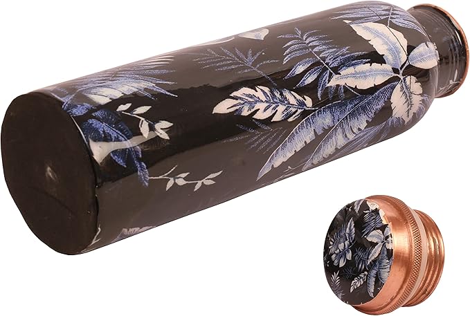 Pure Copper Water Bottle - Handcrafted - Ayurveda health benefits - Large 35 oz - Leak proof - Easy to carry for Sports, Fitness, Yoga, School - Indigo Blue Artistic Petals Motifs Enamel