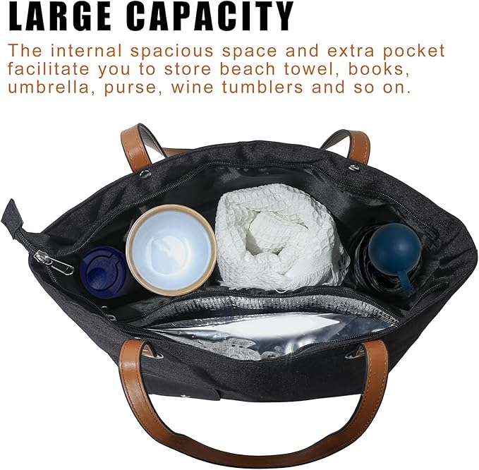 Wine Tote Bag, Beach Wine Cooler Bags for Travel Gift, Leakproof Insulated Purse Carrier with Hidden Spout Compartments, Holds 2 bottles of Wine for Picnic, BYOB Restaurant, Party, Dinner
