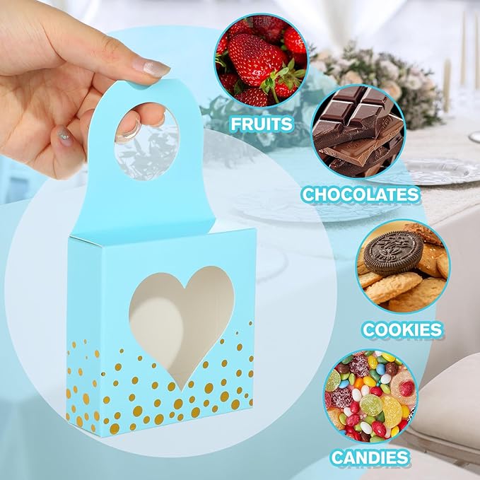 ISKYBOB 25 Pieces Wine Bottle Box with Window, Kraft Paper Wine Boxes for Gifts Hanging Wine Bottle Gift Box Foldable Wine Bottle Hanger Favor Box for Holding Candy Truffles Chocolate Cookies (Blue)