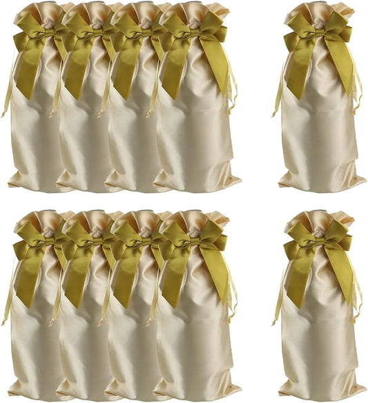 HEVSTIL 10Pcs Satin Wine Bags Wine Gift Bags with Decorative Bows,Wine Bottle Bags Reusable Wine Bottle Covers for Christmas, Wedding, Birthday, Travel, Holiday Party,Housewarming Gifts,Gold