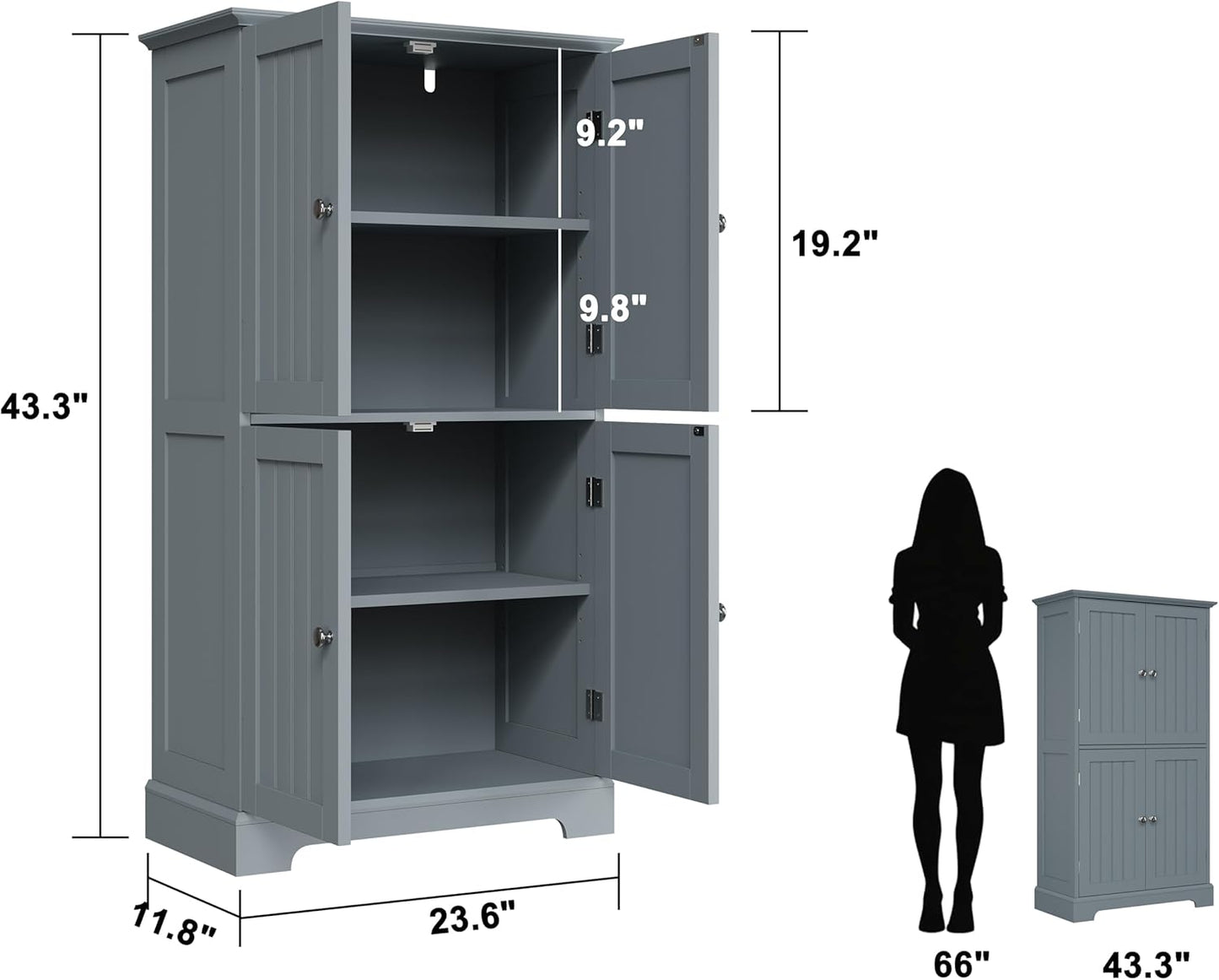 ChooChoo Bathroom Floor Cabinet, Modern Bathroom Storage Cabinet with 4 Doors and Adjustable Shelves, Freestanding Cupboard for Living Room, Grey