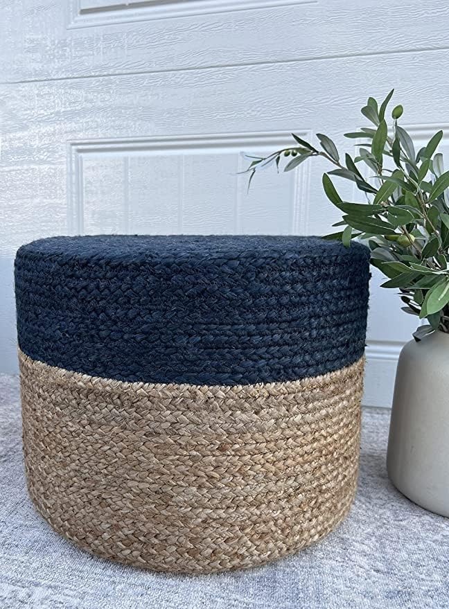 Jute Pouf Ottoman | Footrest Pouf | Hand Braided - Round Boho Pouffe - for Living Room, Bedroom, Nursery (20"x20"x10") Navy