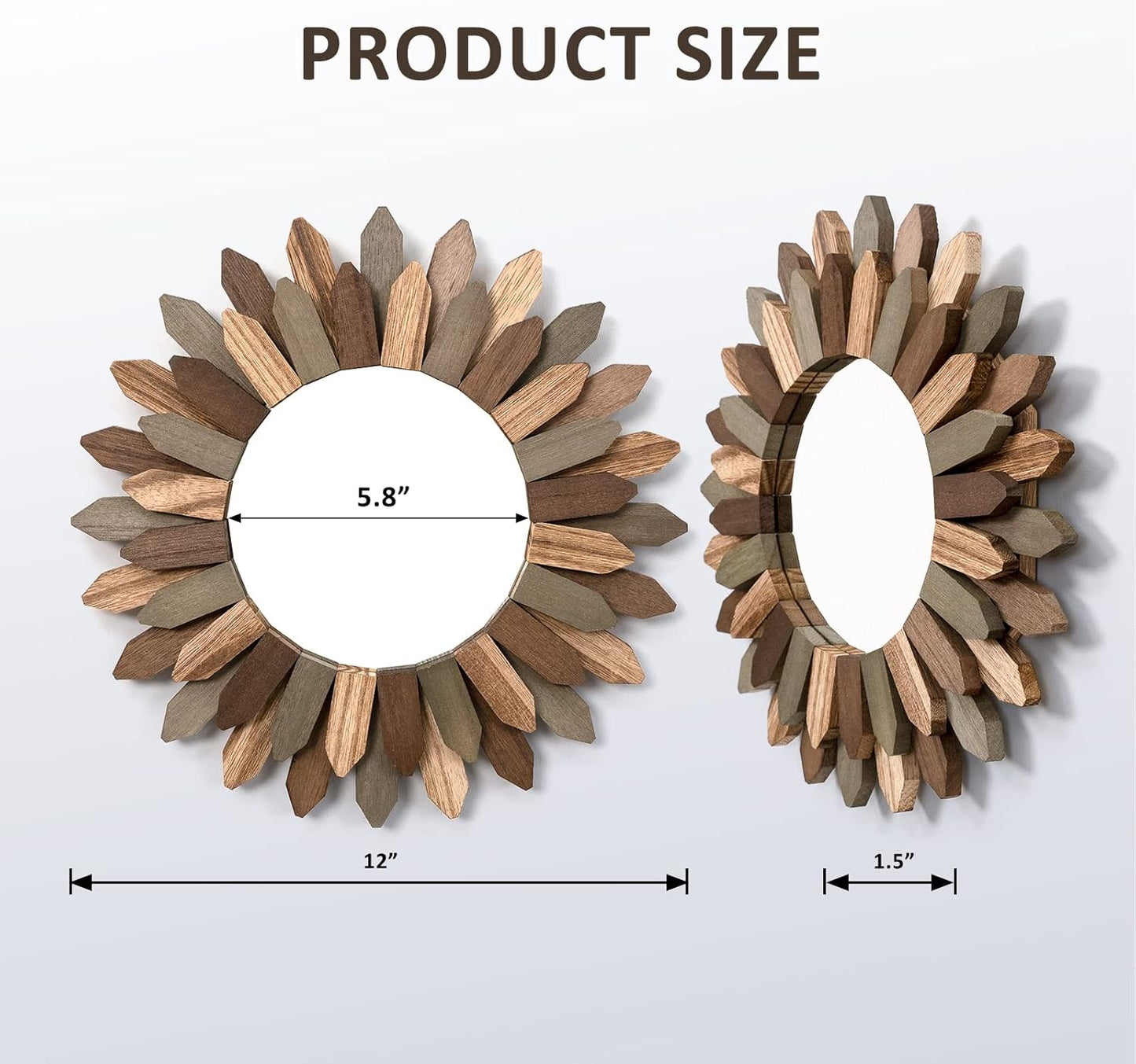 Honiway Boho Wall Decor Mirror 2 Pack 12 inch Rustic Wood Decorative Mirror for Room Decor Rustic Farmhouse Wall Decor for Bedroom Bathroom Living Room Entryway Tril Color