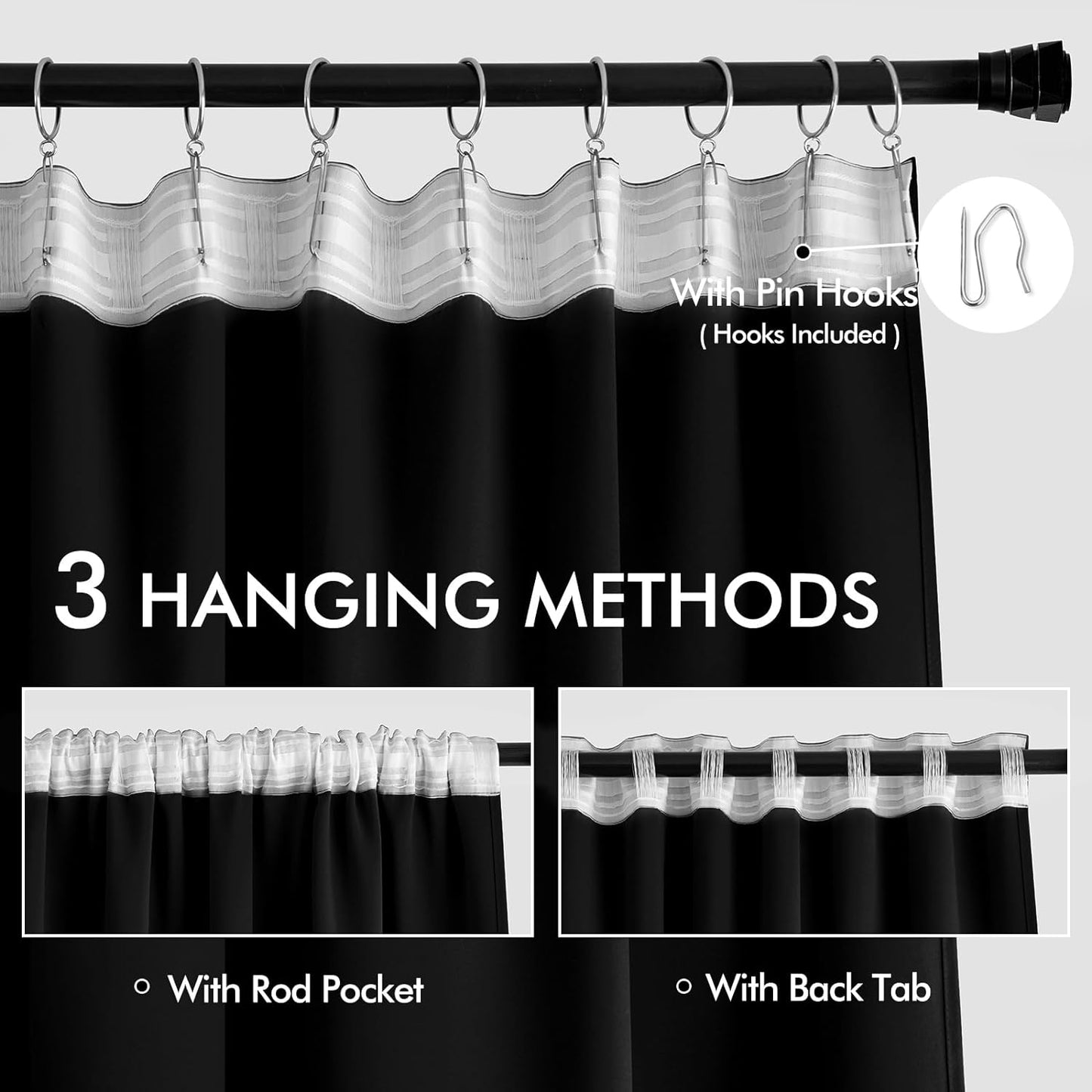 MIULEE Back Tab Blackout Curtains 92 Inch Long 2 Panels Set for Living Room Bedroom, Halloween Black Rod Pocket/Pinch Pleated Thermal Insulated Room Darkening Light Blocking Floor to Ceiling Drapes