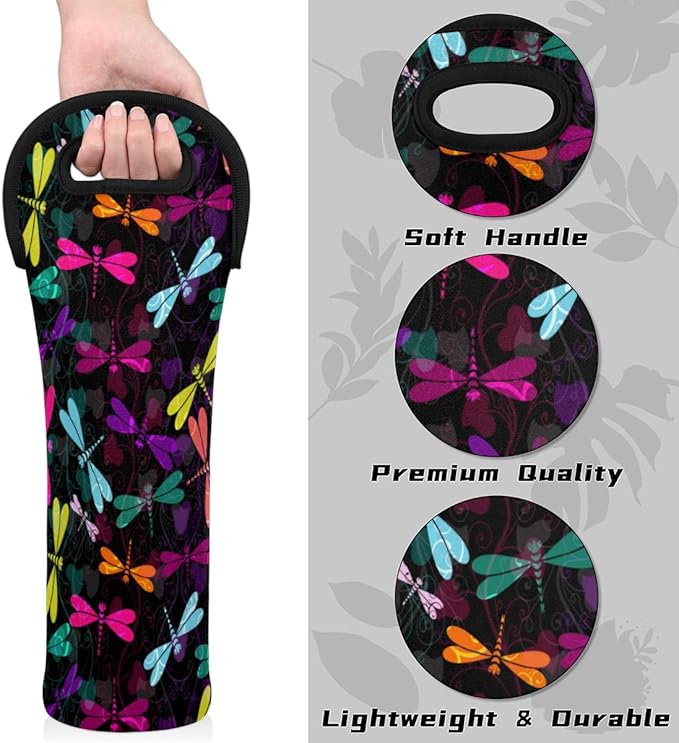 Dragonfly Ornaments Wine Gift Tote Carrier Black Purple Neoprene Wine Tote Bags Holder Cooler Wine Lover Gift