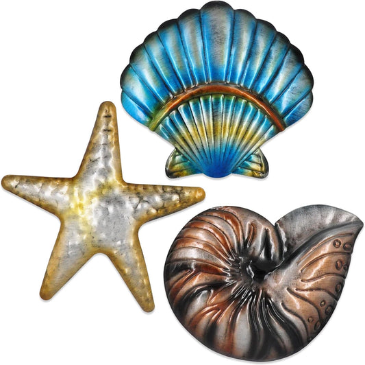 Metal Ocean Wall Sculptures Outdoor Metal Sea Star Conch Wall Art Decor Pool Garden Patio Bathroom Yard Farmhouse Fence Deck