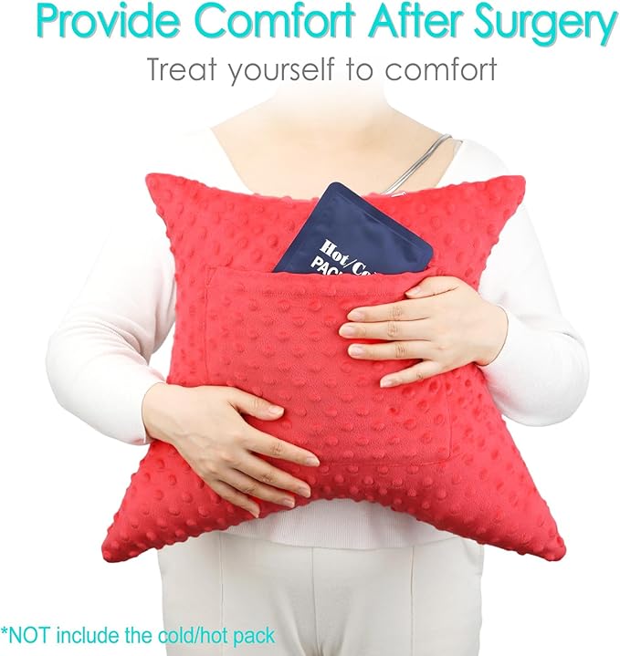 Heart Surgery Pillow Cough Recovery Pillows with 2 Pockets for Open Heart Surgery Bypass Mastectomy Breast Cancer Lumpectomy Chemo Port Pacemaker Broken Ribs Must Have Gifts Minky Dot Red