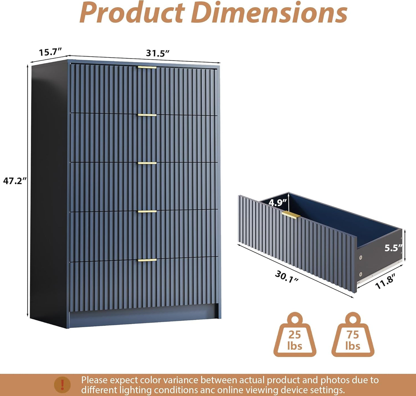 5 Drawer Dresser for Bedroom, Tall Dresser Chest of Drawers with Gold Handles, 32 Inch Wide Nightstand with for Bedroom, Living Rooms, Offices, and Entryways, Navy Blue