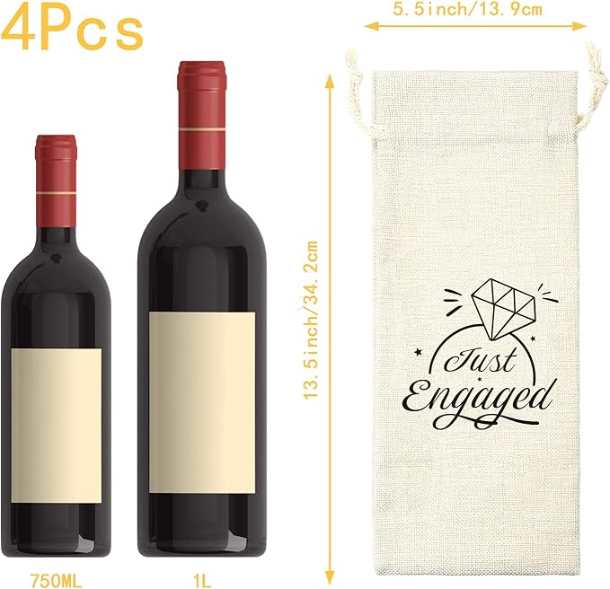 PLIGREAT 4 Pcs Cotton Linen Wine Bags, Reusable Wine Gift Bags with Drawstrings, Wine Bags for Wedding Engagement Party Bachelorette Party Congrats Gifts Bags Just Engaged Quote Wine Bottle Bags Bulk