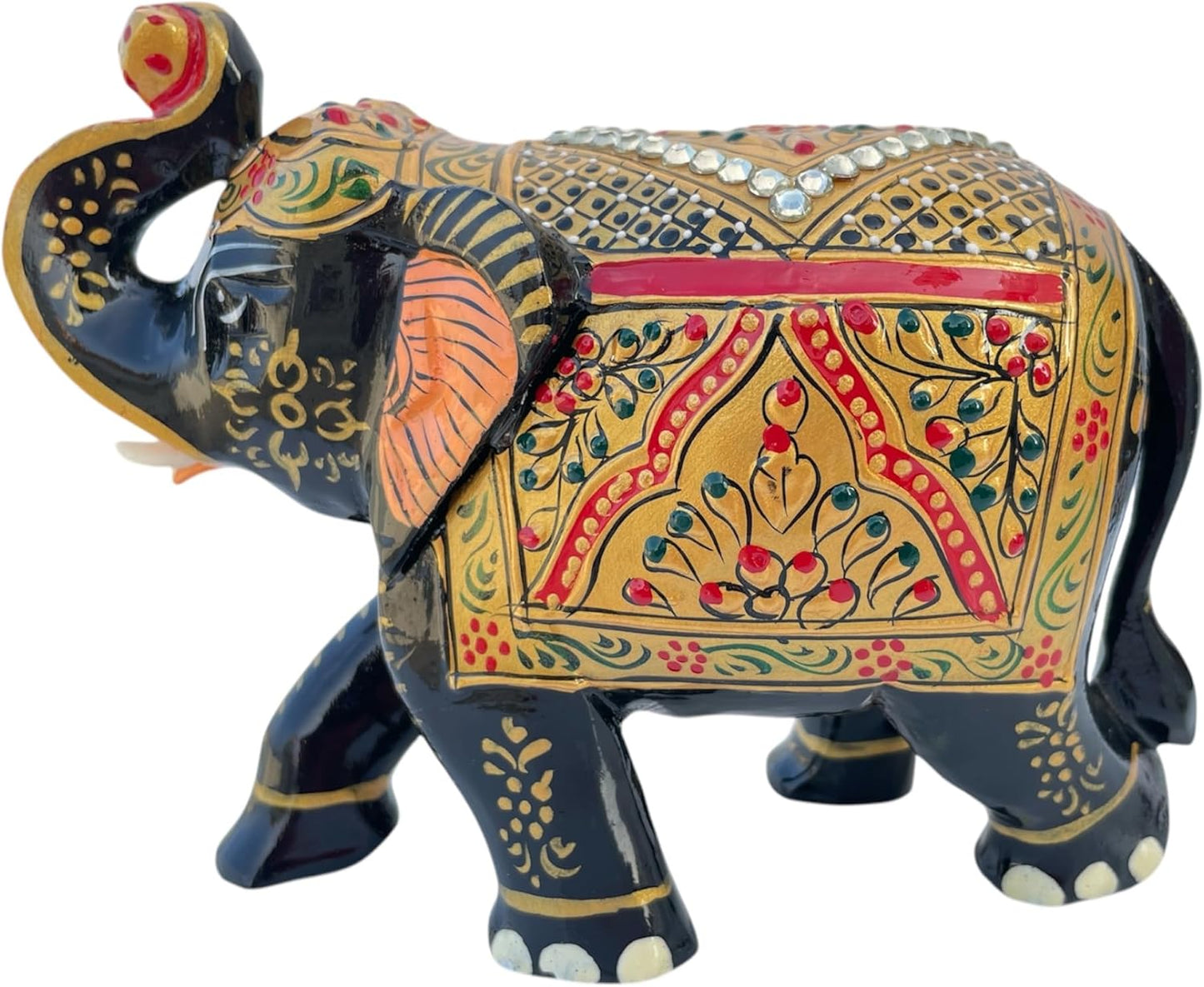 Handcrafted Wooden Elephant Figurine – Traditional Artwork, Gold & Gemstone Embellishments – Lucky Decorative Elephant Statue for Prosperity | Beautiful Elefantes Decorativos para Sala (Black & Gold)