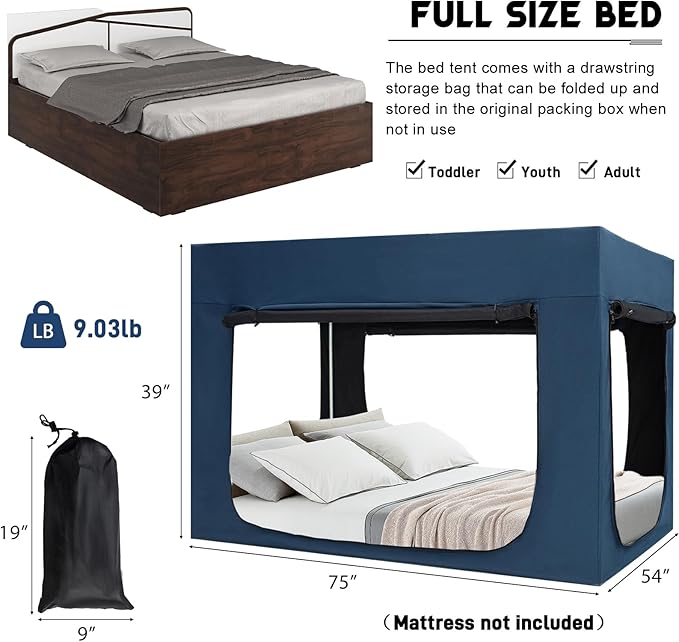 Bed Tent Bed Canopy Full Size Tents for Adult and Kids - Portable Sleeping Bed Tents 80% Blackout with 4 Doors Breathable Private Space Tents(Mattress Not Included)