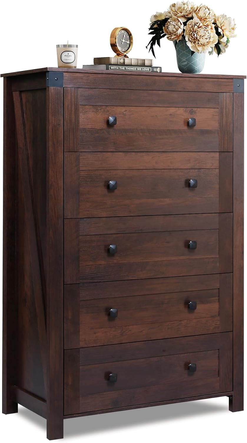 WLIVE Farmhouse Brown Dresser for Bedroom, 5 Drawer Dresser Storage Organizer, Tall Wood Dressers with Double Rustic Handle, Chest of Drawers for Living Room, Hallway, Closet