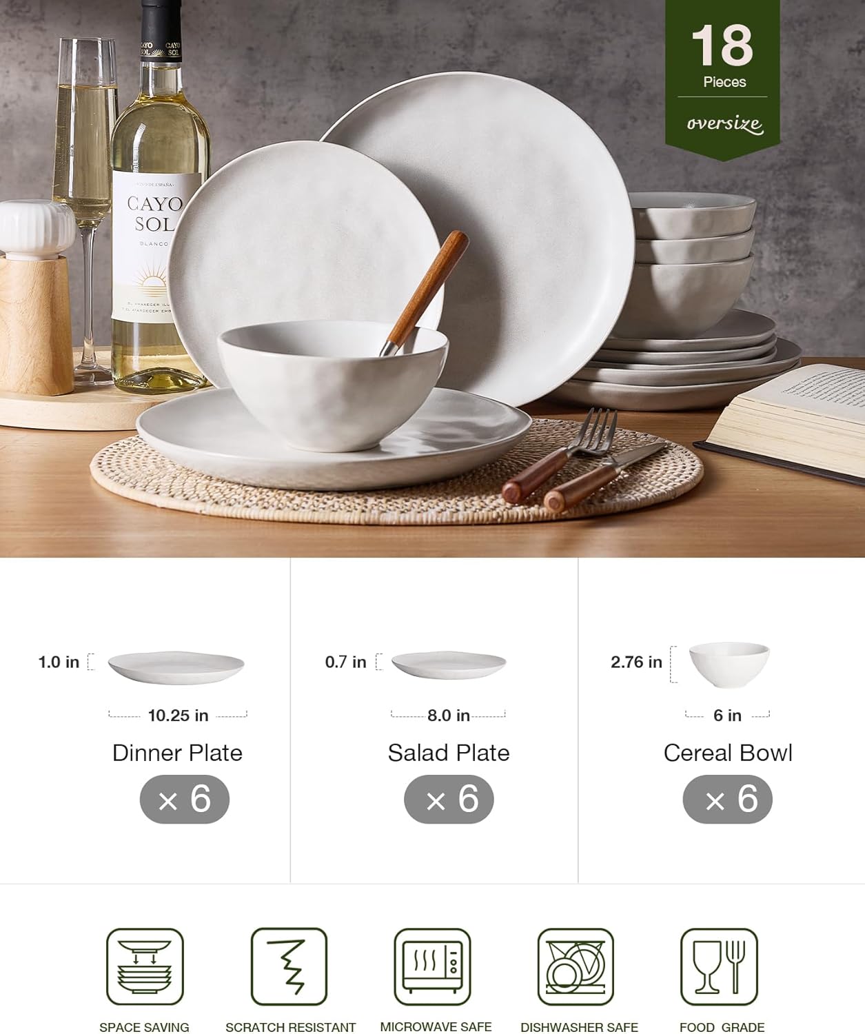 Famiware Dinnerware Sets for 6, Ocean Round 18-Piece Kitchen Plates and Bowls Sets, Microwave and Dishwasher Safe, Scratch Resistant, Matte White