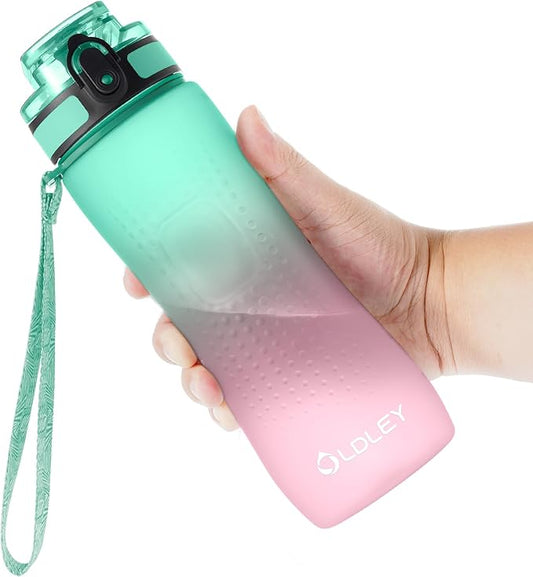 OLDLEY 25 oz Water Bottle, Motivational Water Bottle with Time Marker, Sports Water Bottle With Strap, Leakproof & BPA Free Large Water Bottles for School, Gym, Travel, Outdoor, Tritan,Green&Pink