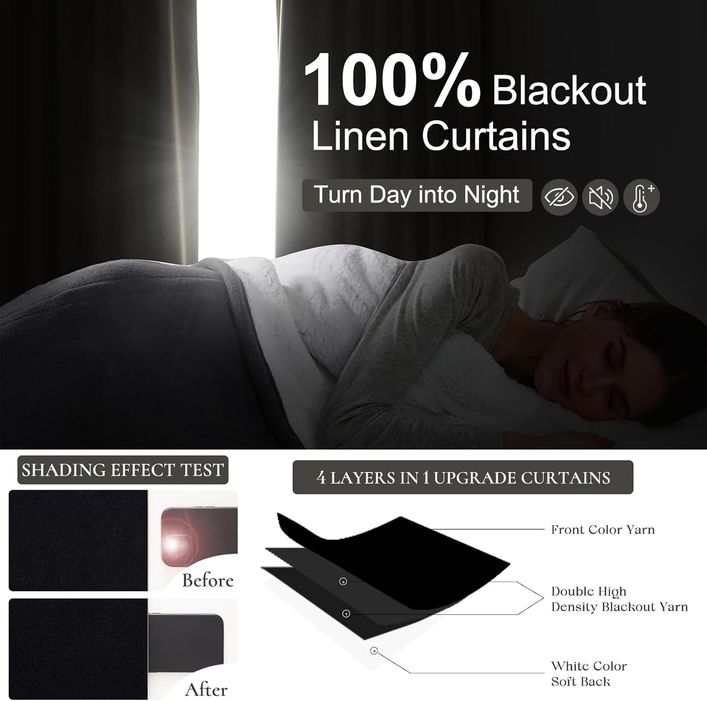 Custom Black Room Darkening Curtains for Bedroom, Lush Decor Heavy 105 Inch Curtains Blackout Pinch Pleated Linen Blend Drapes 2 Panels Set Thermal Privacy for 104-106 Inches Large Window