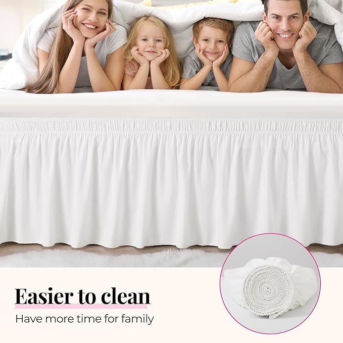 RIMELA White Bed Skirt Full Size 15 Inch Drop, Wrap Around Elastic Adjustable Bedskirt, Bed skirting Dust Ruffle for Bed Frame & Box Spring Soft Durable Fabric Machine Washable Easy to Install