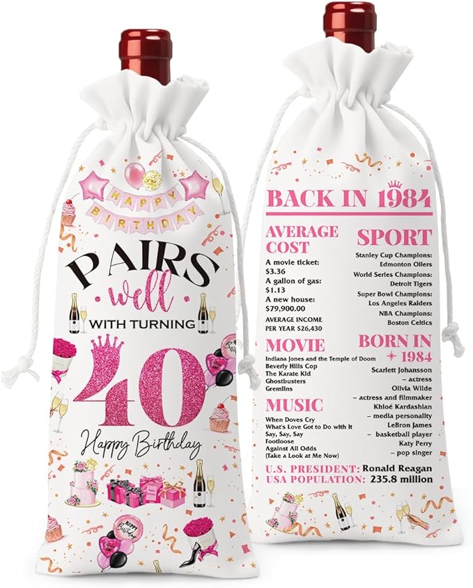 40th Birthday Gifts Women Men Wine Bag, 40 Year Old Birthday Gifts for Women Men, Happy 40th Birthday Party Decorations Woman Man, Pairs Well with Turning 40 Wine Bags (White Pink)
