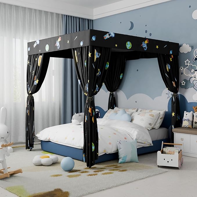 Hvqic Black Canopy Bed Curtains - 4 Corner Post Bed Curtains Queen Bed Curtains Lightproof Drapes Bed Canopy for Adults & Girls Bedroom Decoration(Queen,Black-Planet)