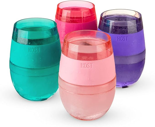 HOST Cooling Cup Set of 4 Plastic Double Wall Insulated Freezable Drink Chilling Tumbler with Freezing Gel, Wine Glasses for Red and White Wine, 8.5 oz, Assorted Translucent Colors