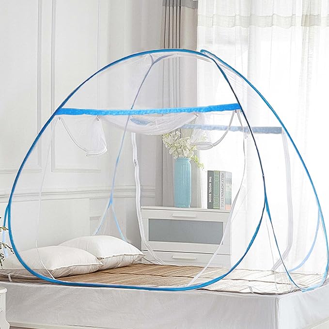 Pop Up Bed Net Tent for Bedroom with Net Bottom, Portable Double Door Travel Folding Design Bed Canopy, Foldable (79 x71x59 inch-Blue)
