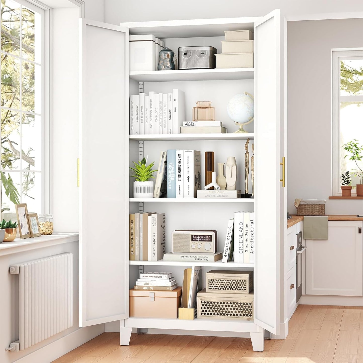 70.87" H Metal Kitchen Pantry Cabinet, Freestanding Cupboard with 2 Doors and 4 Adjustable Shelves, Tall Metal Storage Cabinet for Kitchen, Bathroom, Dinning Room or Laundry Room （White）