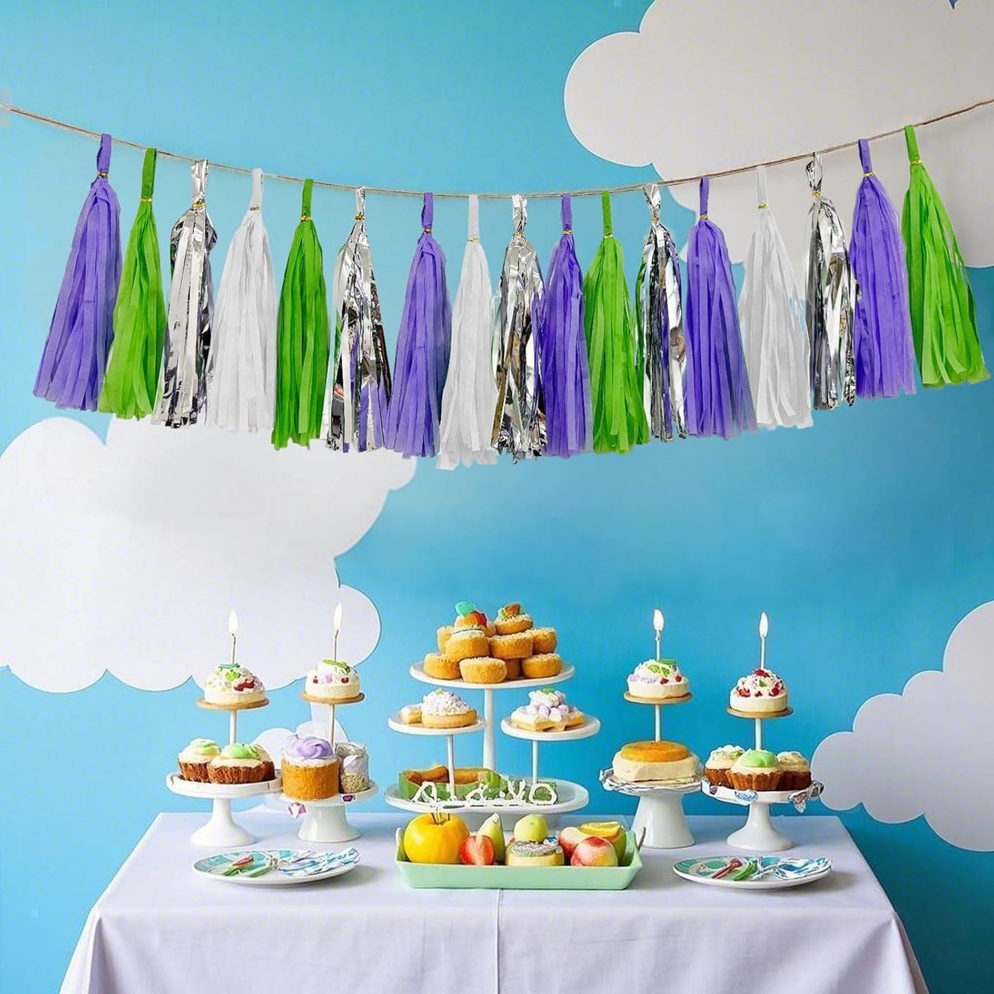 Tissue Paper Tassel Garland Banner, Purple Green Silver White, 20 PCS, Party Decorations for Birthday, Cartoon Themed Baby Shower,Sprot Game,Graduation