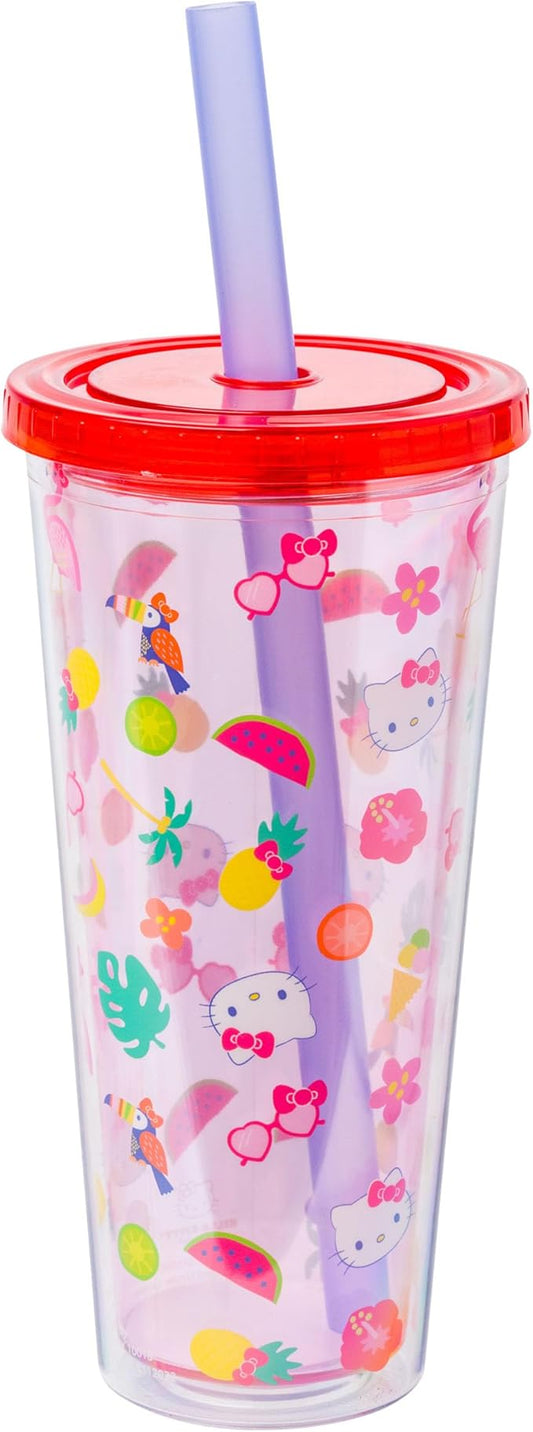 Silver Buffalo Sanrio Hello Kitty Tropical Summer Plastic Boba Tumbler with Lid and Wide Straw, 24 Ounces