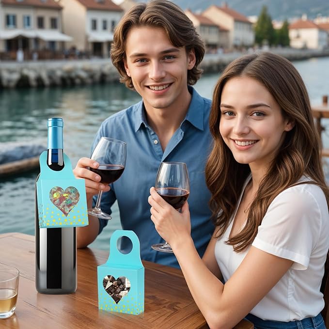 Megitzuu 50 Pieces Wine Bottle Box with Window, Blue Wine Boxes for Gifts Hanging Foldable Wine Gift Boxes Kraft Paper Wine Bottle Hanger Favor Box for Holding Candy Truffles Chocolate Cookies
