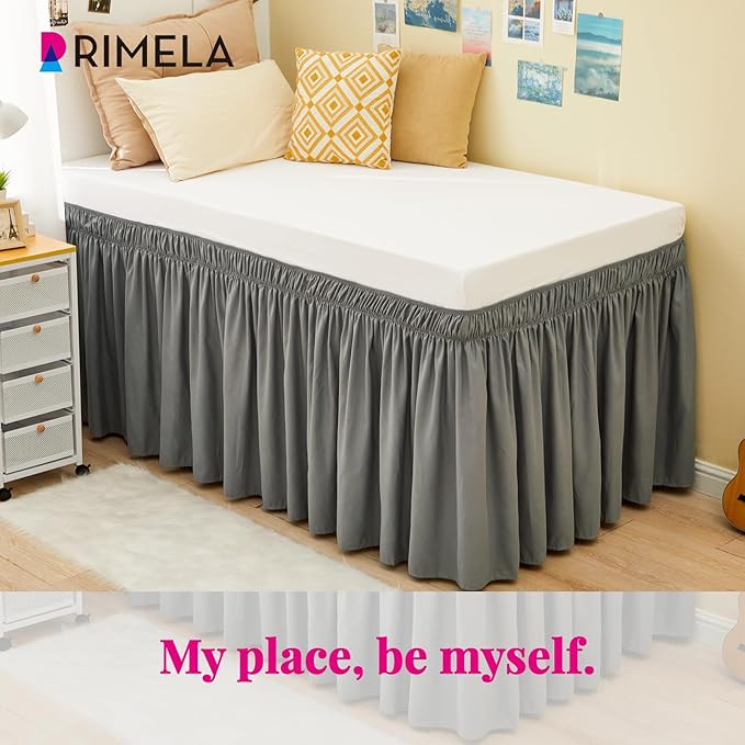 RIMELA Dorm Bed Skirt Twin XL 18 Inch Drop, Extra Long Wrap Around Elastic Bed Skirts Easy to Put On Twin Size Dust Ruffle, Gray Bedskirt for Adjustable Bed Base Solid Silky Fabric Machine Washable