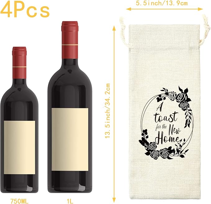 PLIGREAT 4 Pcs Cotton Linen Wine Bags, Reusable Wine Gift Bags with Drawstrings, Wine Bottle Wrap Bags Bulk Congrats Gifts Bags for Housewarming Party Thanksgiving Christmas Gifts Bags