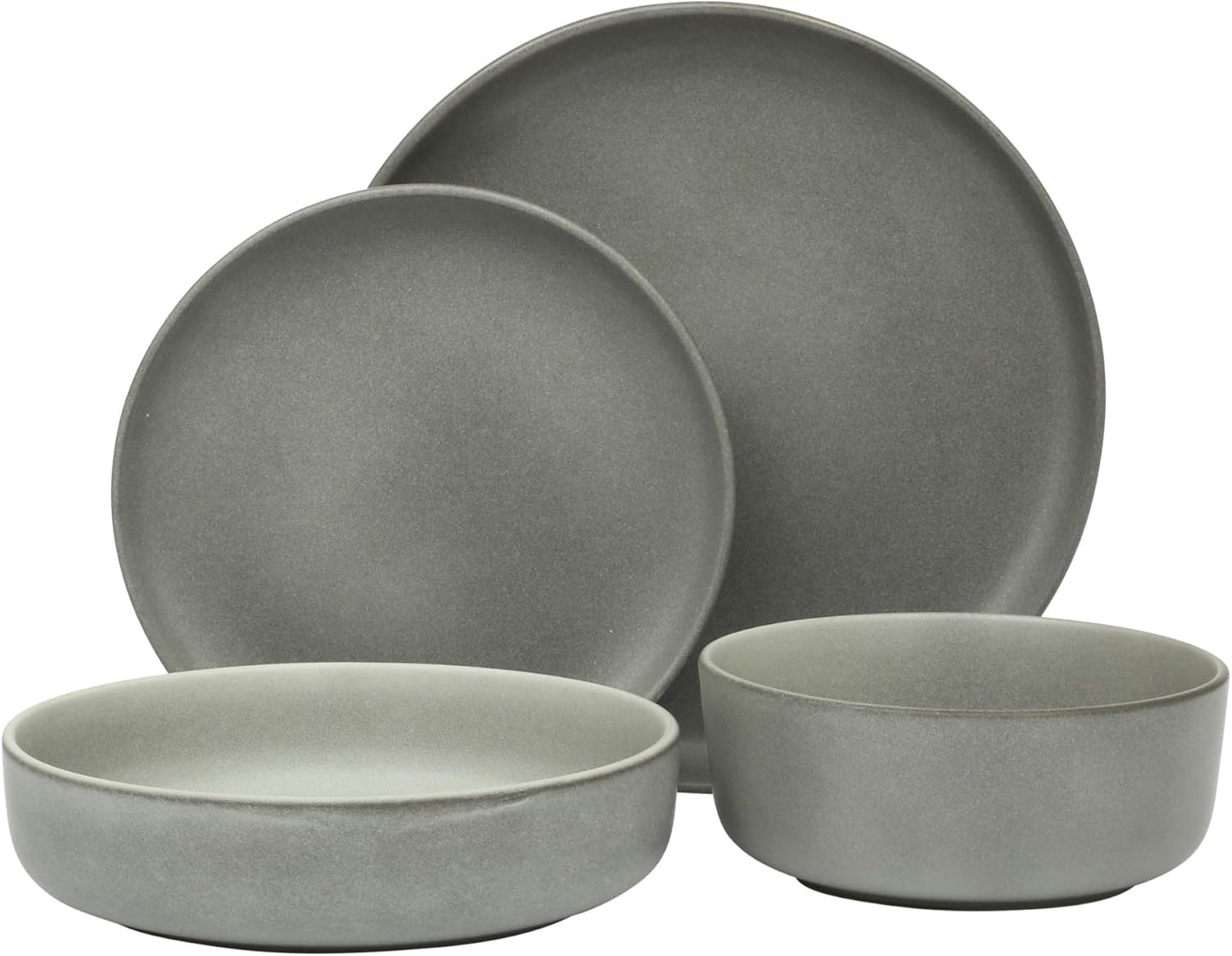 Gibson Elite Pasco 16 Piece (Service for 4) Plates and Bowls Double Bowl Reactive Glaze Dishes Stoneware Ceramic Dinnerware Set - Grey