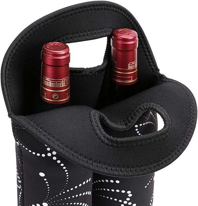 Hipiwe Wine Carrier Tote Bag Two Bottle Insulated Neoprene Wine/Water Bottle Holder for Travel with Secure Carry Handle (Black)