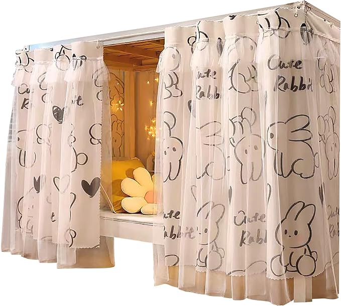 Beautiful Gauze Bunk Bed Curtains Drapes with Lace Privacy Bed Canopy for Bottom, 2 Panels, Rabbit
