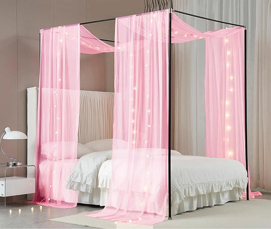 Akiky Canopy Bed Curtains with Light Princess Bed Canopy Scarf for Full/Queen Metal Bed Frame,Wood Frame Bed-2 Panel Sheer Curtain(Full/Queen,Pink)