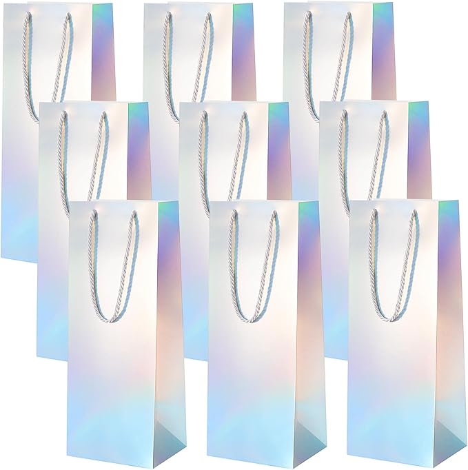 Dunzoom 12 Pcs Iridescent Summer Wine Gift Bags Bulk Holographic Wine Bottle Gift Bag with Handles 14 x 3 x 5 Inch Paper Goodie Bags Wine Bottle Gift Totes for Party Favor Christmas Wedding Birthday