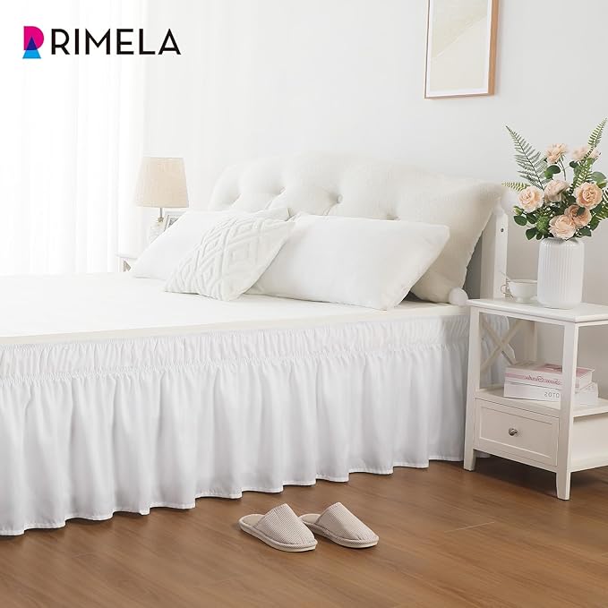 RIMELA White King Size Bed Skirt 12 Inch Drop, Elastic Bed Skirts Cal King Dust Ruffle, White Bedskirt for Adjustable Bed Base Solid Fade Resistant Silky Fabric Machine Washable Easy to Install