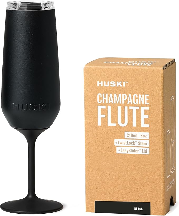 Huski Champagne Flute | NEW | Premium Stainless Steel Champagne Glass with Lid | Go Stemmed or Stemless with Detachable Stem | Triple Insulated Tumbler | 8oz Capacity | Great Gift (Black)