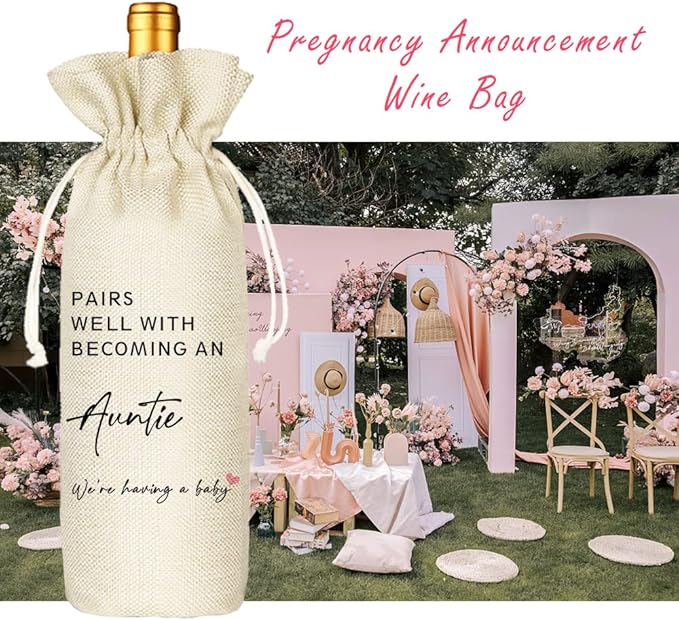 Pregnancy Announcement Wine Bag - Pairs Well With Becoming An Auntie, GENDER NEUTRAL Pregnancy Announcement Wine Bag, Baby Announcement to Auntie Wine Bag, Pregnancy Reveal(5SW19106)