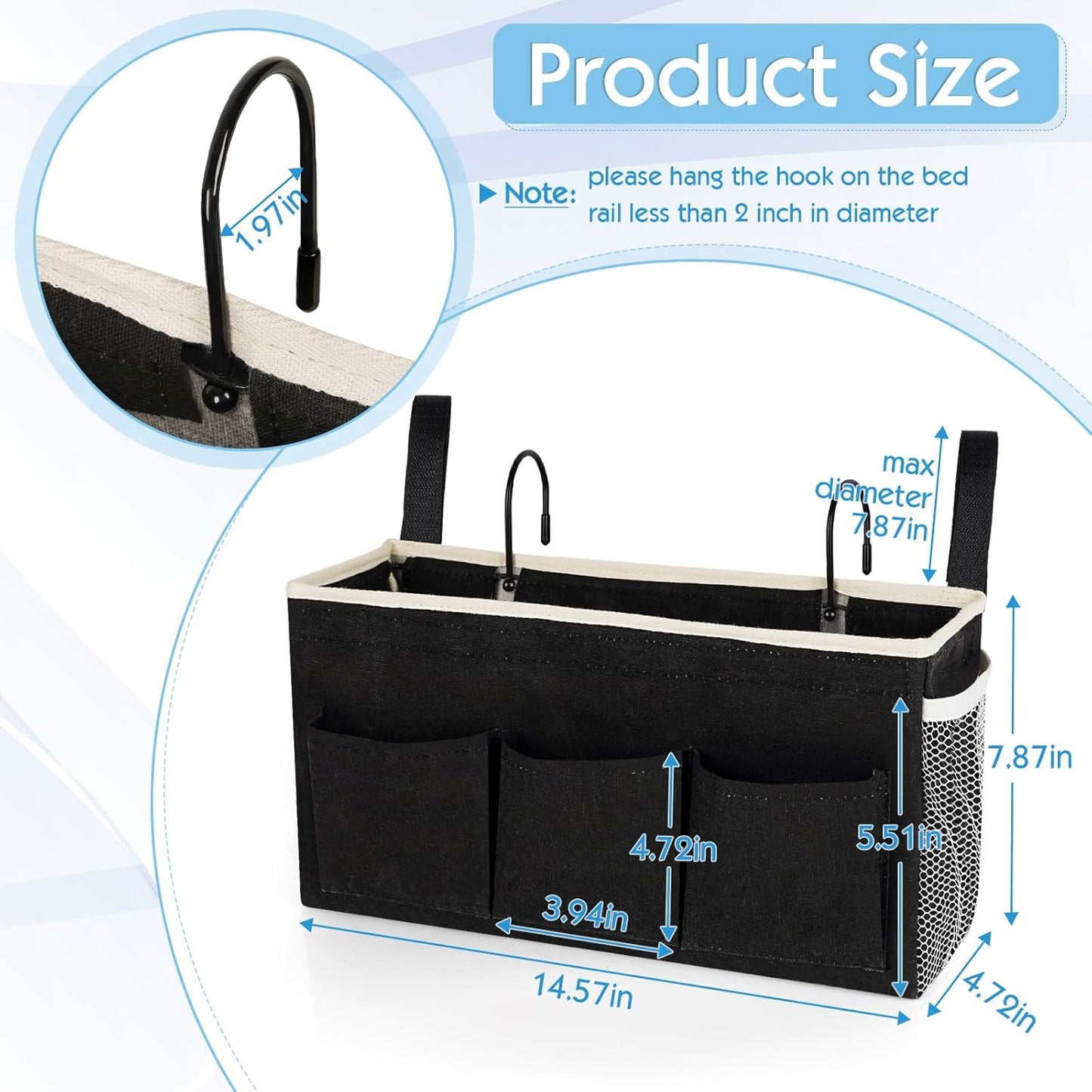 Bedside Storage Caddy/Bedside Hanging Storage Bag for Headboards Bunk Beds Dorm Rooms Book Phone Magazine Holder (New Black)