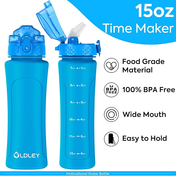 OLDLEY Kids Water Bottle for School with Straw Chug Lid, 15 oz Unbreakable Leak-Proof BPA-Free Motivational Water Bottles with Time Marker for Travel Sports Gym, 2 Lids, Blue