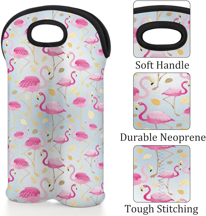 Pink Flamingo 2-Bottle Wine Gift Tote Carrier Gold Leaves Neoprene Wine Tote Bags Holder Cooler Wine Gift for Women Men