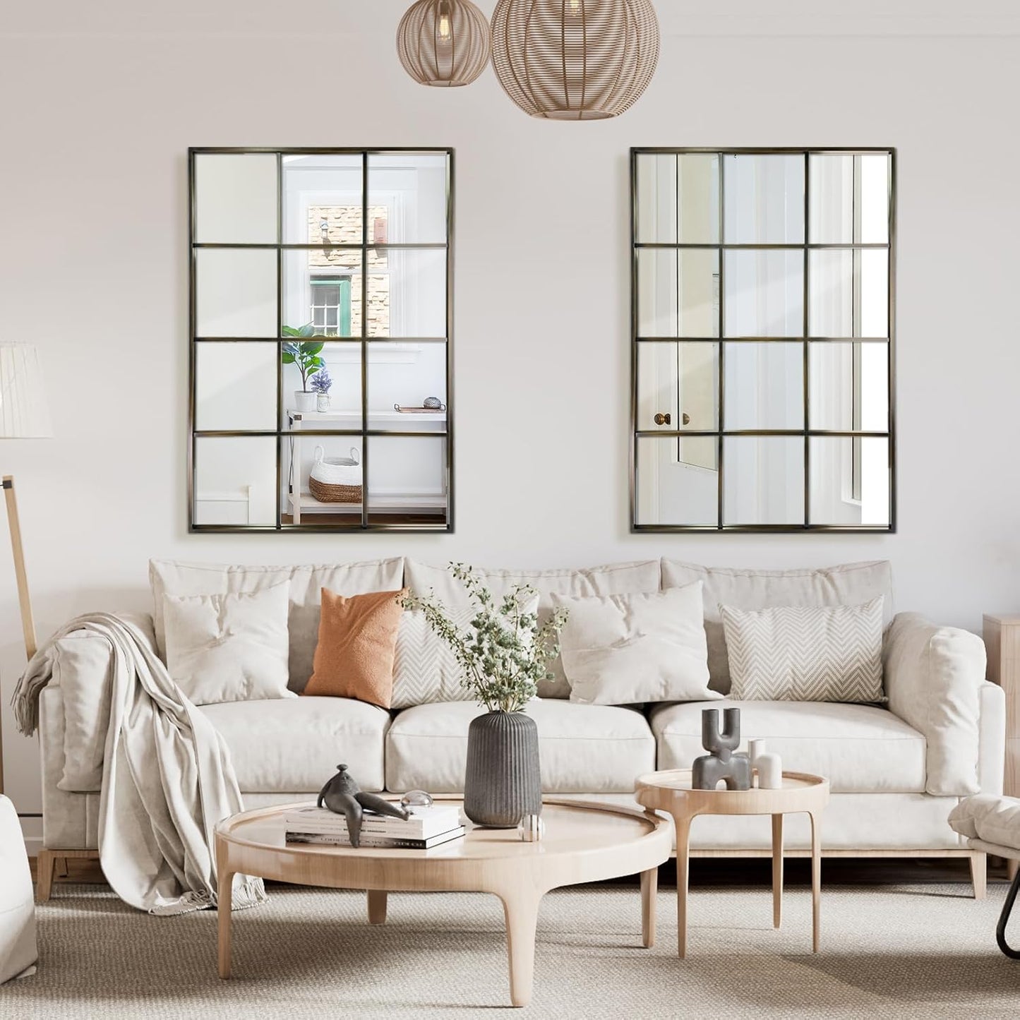 Windowpane Wall Mirror 30"x40" Bronze Wall Mounted Art Pane Mirror Farmhouse Decorative Mirror Leaning Hanging Wall Mirror for Bedroom Living Room Entrance Hallway Wall Decor