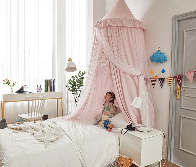 VETHIN Bed Canopy for Kids with Lights,Double Layer Princess Round Dome Children Dreamy Mosquito Net Bedding Girls Room Castle Play Tent Hanging House Decor Reading Nook Canopies(Beige Pink/White)