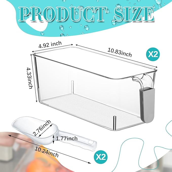 Havawish 2 Set Ice Bin and Flexible Scoop Set Plastic Freezer Ice Bin with Pull out Handle Clear Ice Storage Ice Bucket for Freezer Ice Container with Ice Bucket Scoop Kitchen (10.83 x 4.92 x 4.33 in)