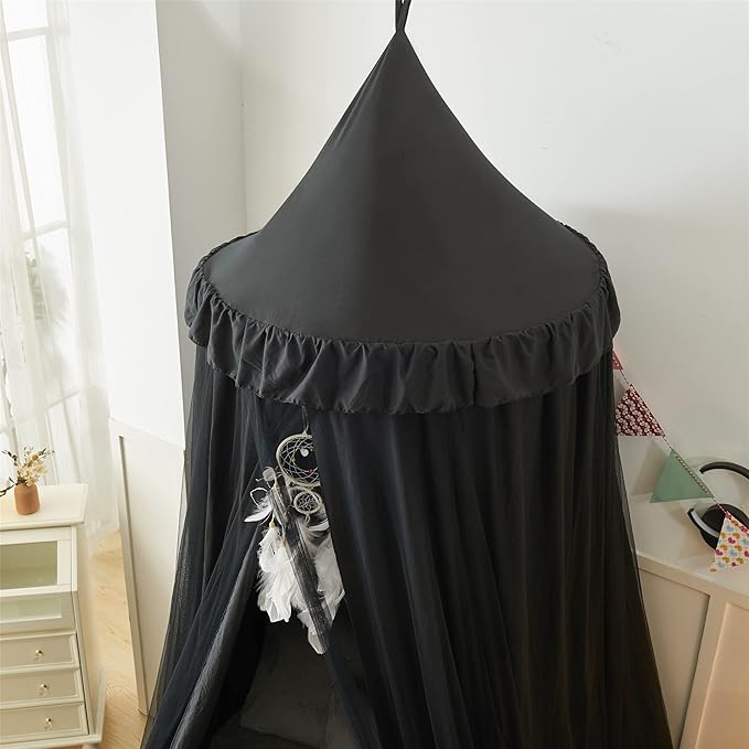 VETHIN Bed Canopy for Girls Kids,Princess Round Dome Children Dreamy Mosquito Net Bedding Girls Room Castle Play Tent Hanging House Decor Reading Nook Canopies (Black/Black)