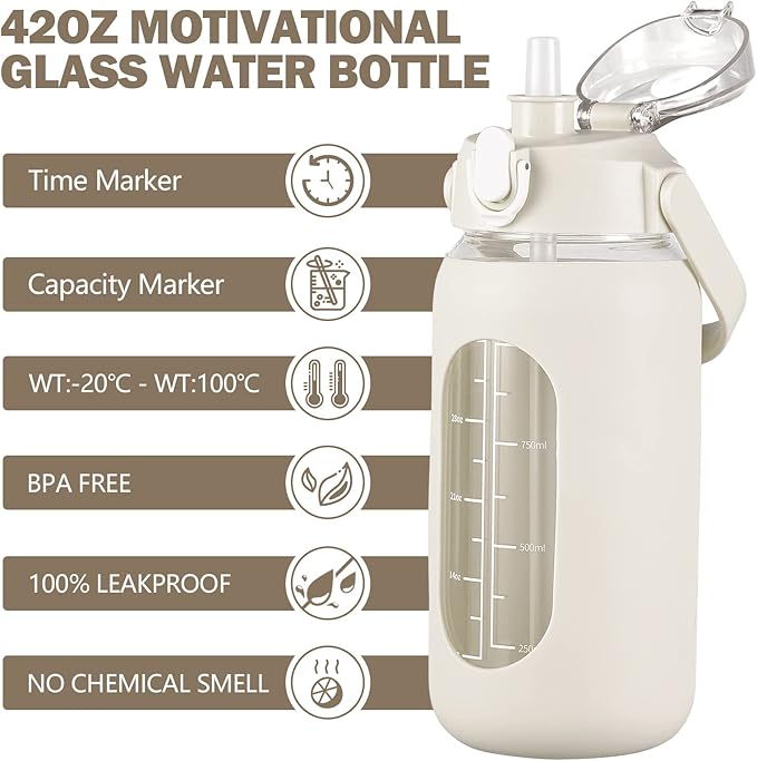 kytffu 42oz Glass Water Bottles with Straw, Motivational Glass Bottle with Silicone Sleeve and Time Marker, Leakproof Large Glass Water Jug for Gym Home Office,White