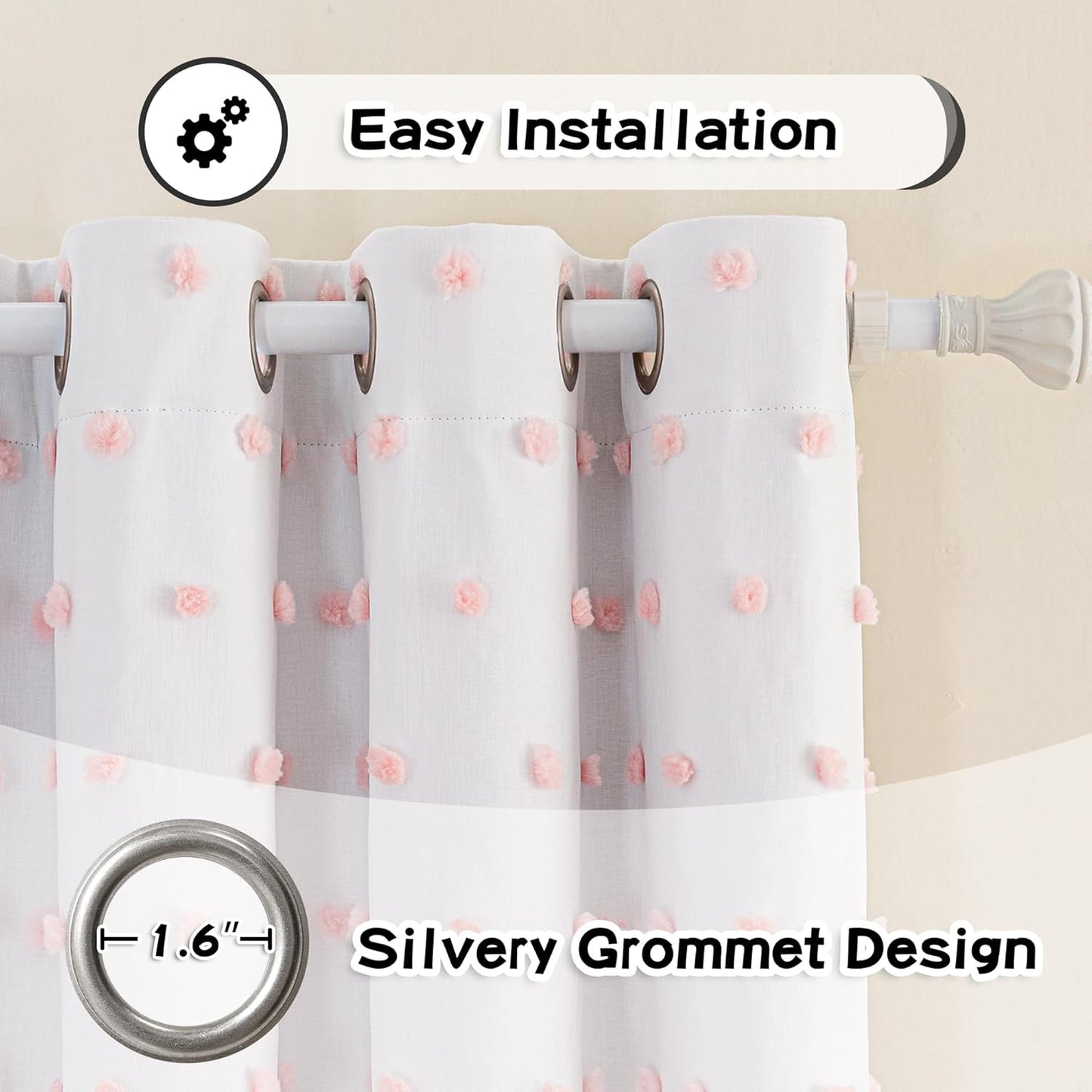 MYSKY HOME 100% Blackout Curtains for Girls Bedroom 84 Inch Long Total Light Blocking Curtains for Living Room 2 Panels Room Darkening Grommet Window Drapes with Pink Pom Pom Sheer 52W x 84L